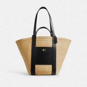Beige Women Coach Straw Pocket Brass Tote Bag | NZ_CH19578