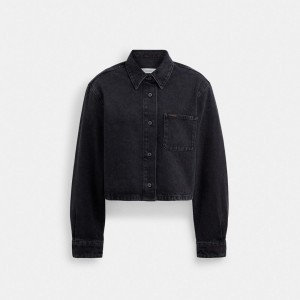 Black Women Coach Cropped Denim Button Down In Organic Cotton Tops | NZ_CH75319
