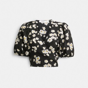 Black Women Coach Floral Wrap Blouse Tops | NZ_CH71790