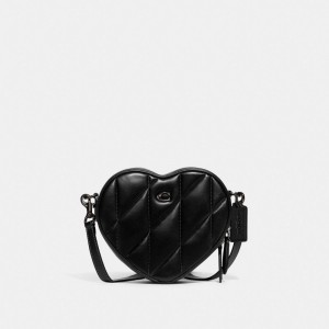 Black Women Coach Heart With Quilting Pewter Crossbody Bags | NZ_CH90496