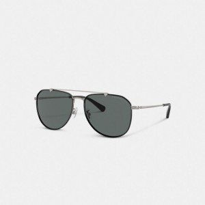Black / Grey Men Coach Metal Windsor Pilot Sunglasses | NZ_CH48382