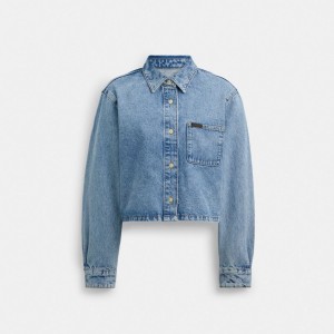 Blue Women Coach Cropped Denim Button Down Tops | NZ_CH92167