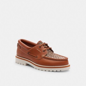 Brown Men Coach Benson Boat Shoe In Signature Jacquard Burnished Amber Boat Shoes | NZ_CH89624