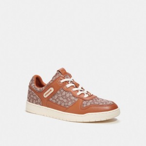 Brown Men Coach C201 In Micro Signature Jacquard Burnished Amber Sneakers | NZ_CH94589
