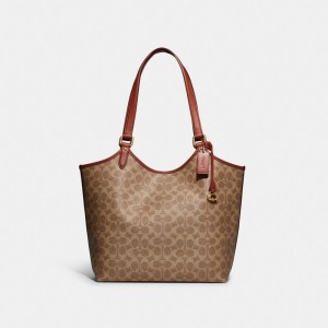 Brown Women Coach Day In Signature Canvas Brass Tote Bag | NZ_CH76886