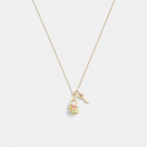 Gold Women Coach Rainbow Quilted Padlock Key Pendant Necklace | NZ_CH58453
