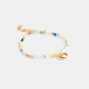 Gold Women Coach Signature Heart Beaded Pearl Bracelets | NZ_CH80537