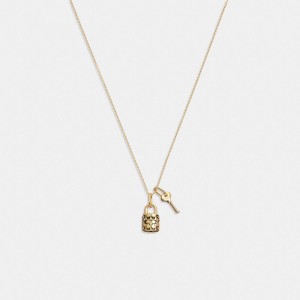 Gold / Black Women Coach Quilted Padlock Key Pendant Necklace | NZ_CH13512