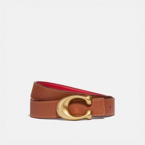 Red Women Coach C Hardware Reversible Belt 32 Mm Brass Belts | NZ_CH17376