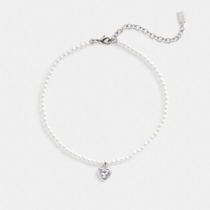 Silver Women Coach Heart Pearl Choker & Clear Necklace | NZ_CH64752