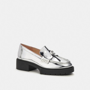 Silver Women Coach Leah In Metallic Leather Loafers | NZ_CH19717