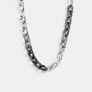 Silver Women Coach Pavé Signature Mixed Chain & Clear Necklace | NZ_CH42126